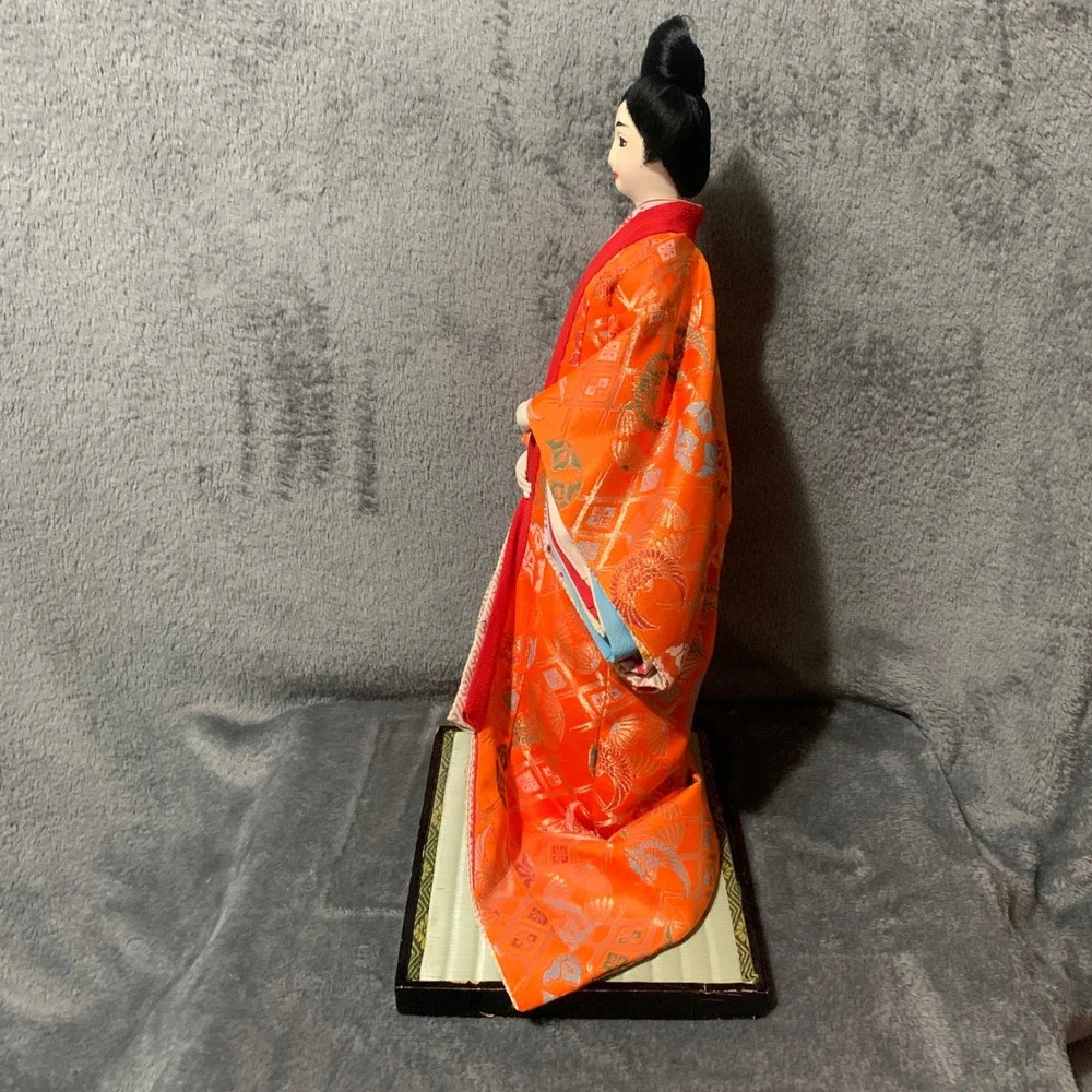 Vintage Japanese Geisha Doll Orange Silk Brocade Kimono Tatami Base 17 Inch